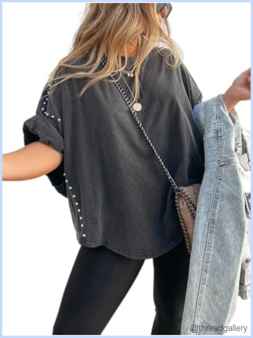 Womens Oversized Batwing Sleeve Studded Y2K T-Shirt Asymmetric Hem